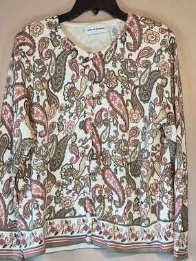 Alfred Dunner Cream Paisley Button-Front Cardigan with Pink & Olive Accents